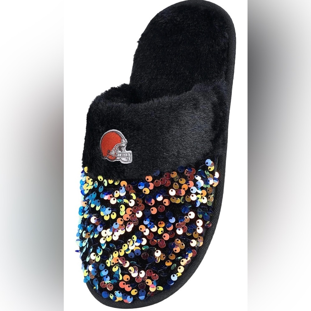 FOCO Women's Cleveland Browns NFL Team Logo Ladies Sequin Fashion Slippers - Picture 3 of 7